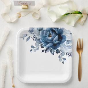Dusty Blue Slate Navy Floral Botanical Wedding Pap Pappteller