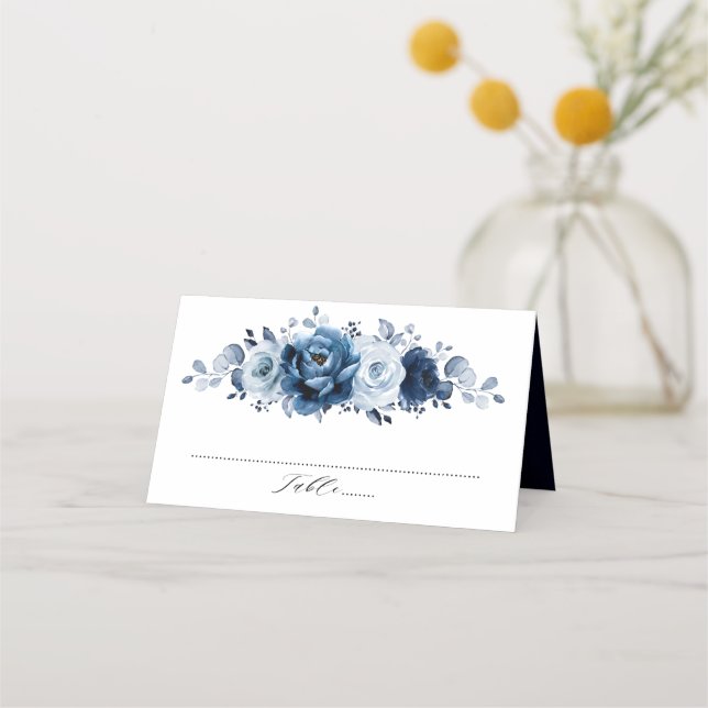 Dusty Blue Slate Navy Floral Botanical Wedding Platzkarte (Vorderseite)