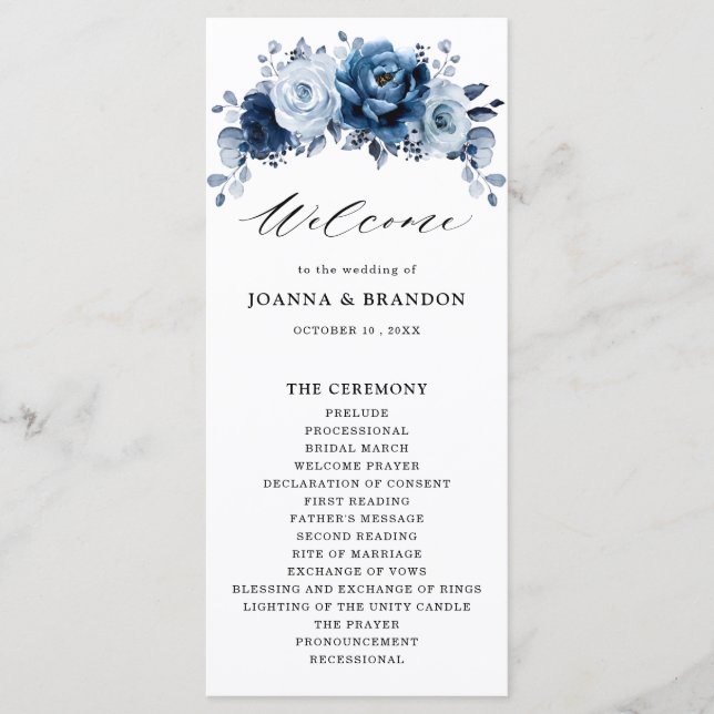 Dusty Blue Slate Navy Floral Botanical Wedding Programm (Vorderseite)