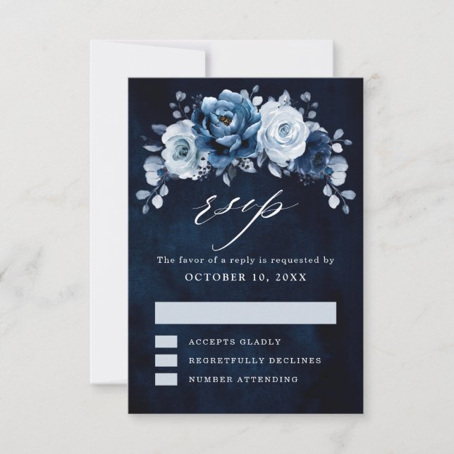 Dusty Blue Slate Navy Floral Botanical Wedding RSV RSVP Karte (Vorderseite)