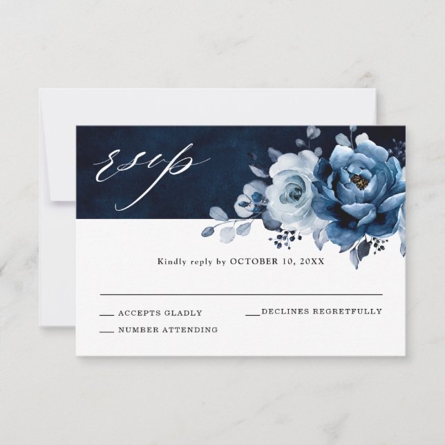 Dusty Blue Slate Navy Floral Botanical Wedding RSV RSVP Karte (Vorderseite)