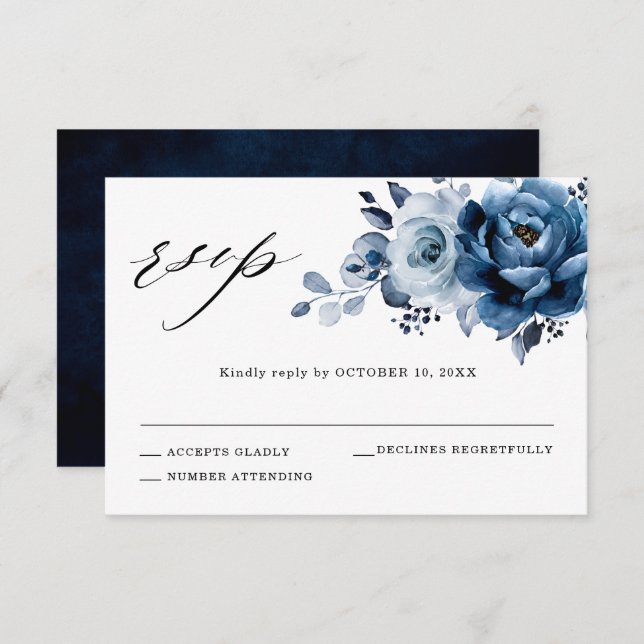 Dusty Blue Slate Navy Floral Botanical Wedding RSVP Karte (Vorne/Hinten)