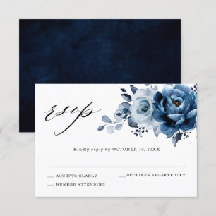 Dusty Blue Slate Navy Floral Botanical Wedding RSVP Karte