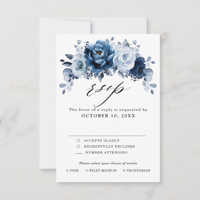 Dusty Blue Slate Navy Floral Botanical Wedding RSVP Karte (Vorderseite)