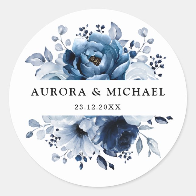 Dusty Blue Slate Navy Floral Botanical Wedding Runder Aufkleber (Vorderseite)