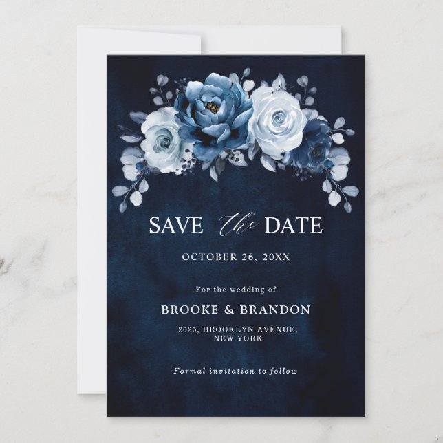Dusty Blue Slate Navy Floral Botanical Wedding Sav Save The Date (Vorderseite)
