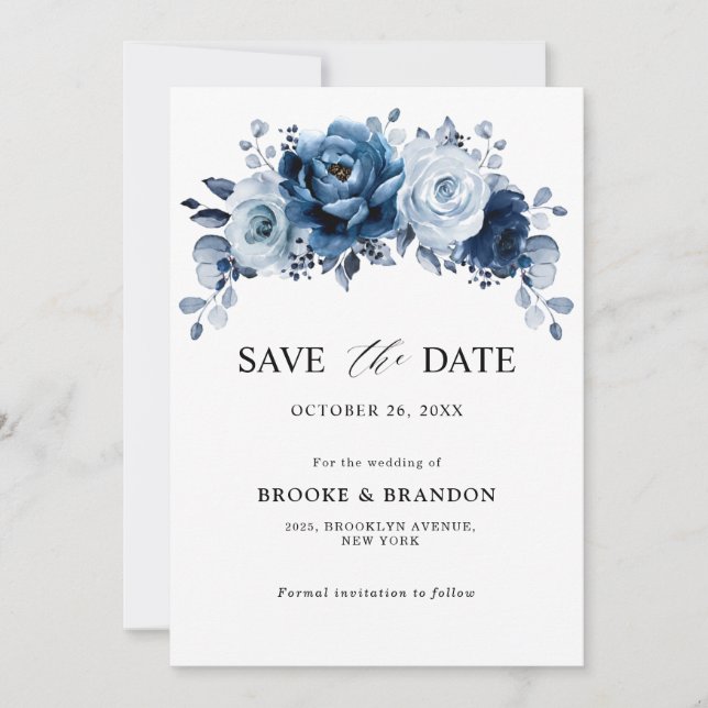 Dusty Blue Slate Navy Floral Botanical Wedding Save The Date (Vorderseite)