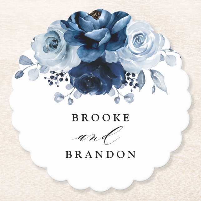 Dusty Blue Slate Navy Floral Botanical Wedding Untersetzer (Vorderseite)