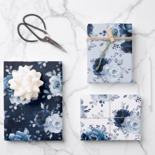 Dusty Blue Slate Navy Floral Botanical Wedding Wra Geschenkpapier Set