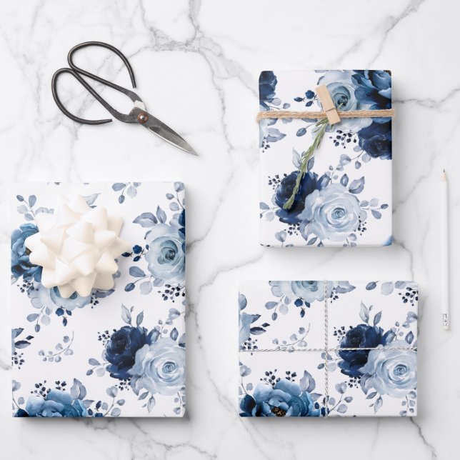 Dusty Blue Slate Navy Floral Botanical Wedding Wra Geschenkpapier Set (Vorderseite)