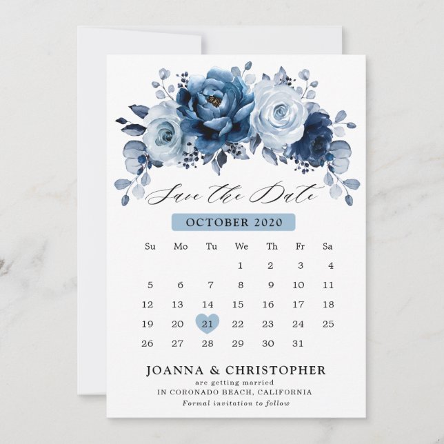 Dusty Blue Slate Navy Floral Botanischer Kalender Save The Date (Vorderseite)