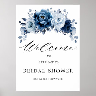 Dusty Blue Slate Navy Floral Brautparty Willkommen Poster
