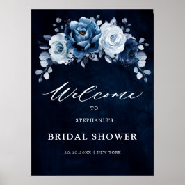 Dusty Blue Slate Navy Floral Brautparty Willkommen Poster
