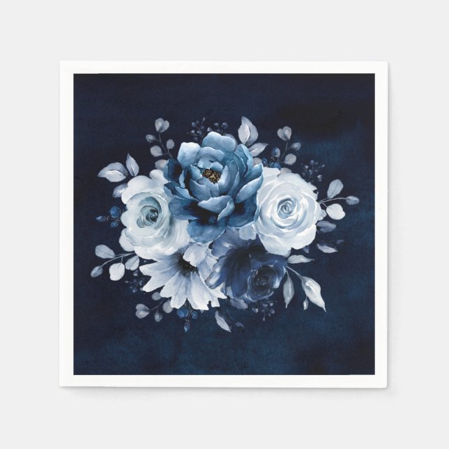 Dusty Blue Slate Navy Floral Wedding Napkins Serviette (Vorderseite)