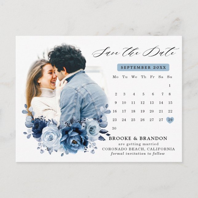 Dusty Blue Slate Navy Floral Wedding Save the Date Postkarte (Vorderseite)