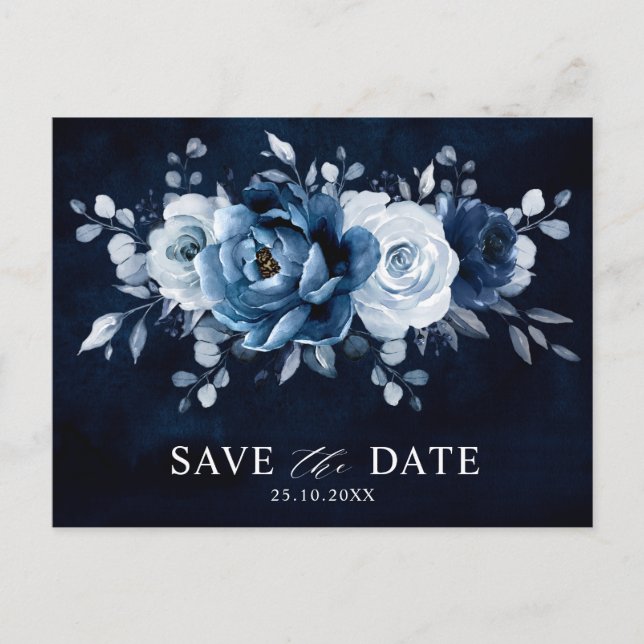 Dusty Blue Slate Navy Floral Wedding Save the Date Postkarte (Vorderseite)