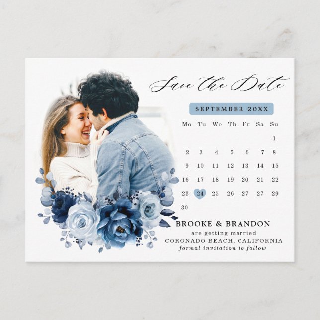 Dusty Blue Slate Navy Floral Wedding Save the Date Postkarte (Vorderseite)
