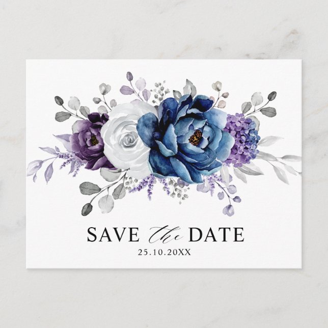 Dusty Blue Slate Navy Floral Wedding Save the Date Postkarte (Vorderseite)