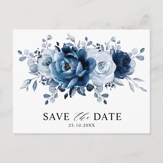 Dusty Blue Slate Navy Floral Wedding Save the Date Postkarte (Vorderseite)