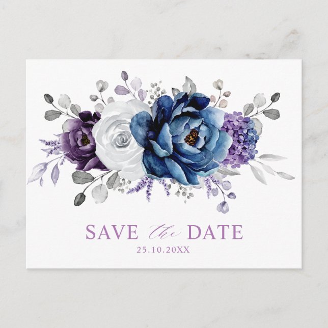 Dusty Blue Slate Navy Floral Wedding Save the Date Postkarte (Vorderseite)