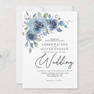 Dusty Blue Slate Pastel Light Floral Boho Wedding Einladung