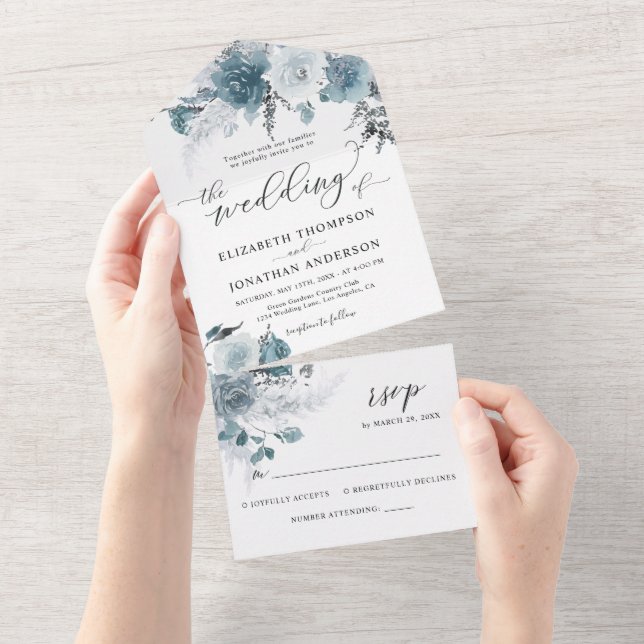 Dusty Blue Slate Pastel Light Wedding Details UAWG All In One Einladung (Abreißen)