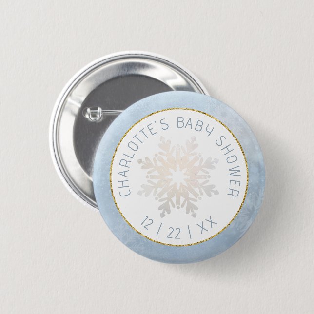 Dusty Blue Snowflake Baby Showknopf Button (Vorne & Hinten)