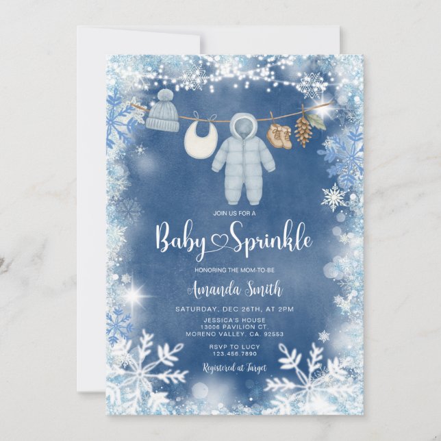 Dusty Blue Snowflake Boy Clothesline Baby Sprinkle Einladung (Vorderseite)
