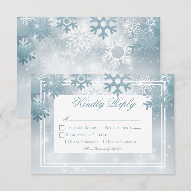Dusty Blue Snowflake Moderne Hochzeit RSVP Karte (Vorne/Hinten)