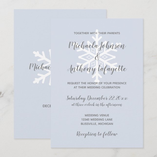 Dusty Blue Snowflake Winter Wedding Einladung (Vorne/Hinten)