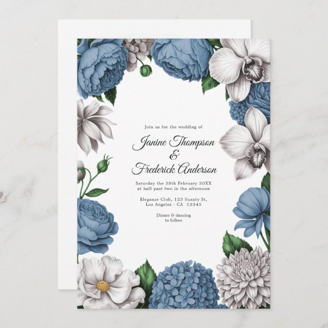Dusty Blue & Soft Grey Watercolor Floral Wedding Einladung (Vorne/Hinten)