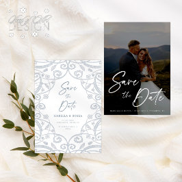 Dusty Blue Soft Silver Floral Lace Wedding Foto Save The Date