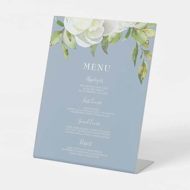 Dusty Blue Spring Floral Peony Wedding Menu Sockelschild (Vorderseite)