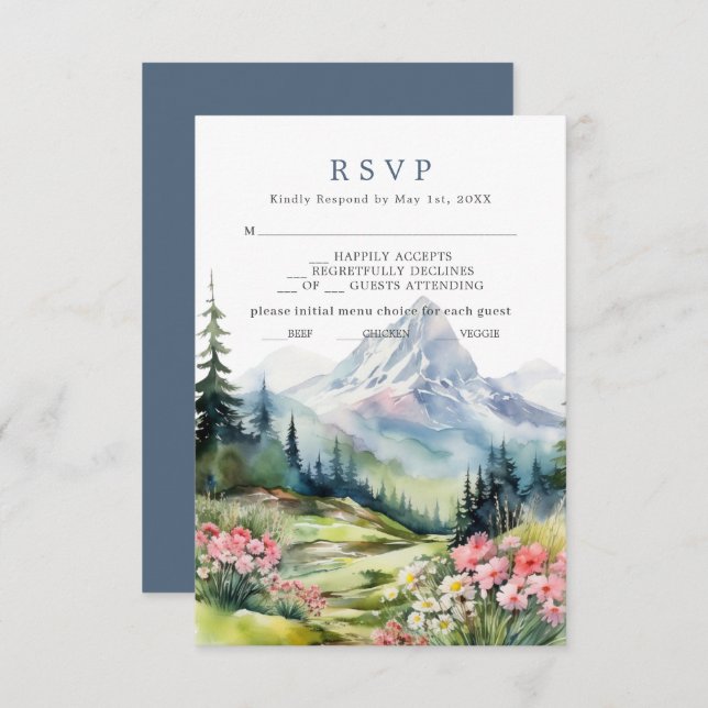 Dusty Blue Spring Mountains Wedding RSVP Card (Vorne/Hinten)