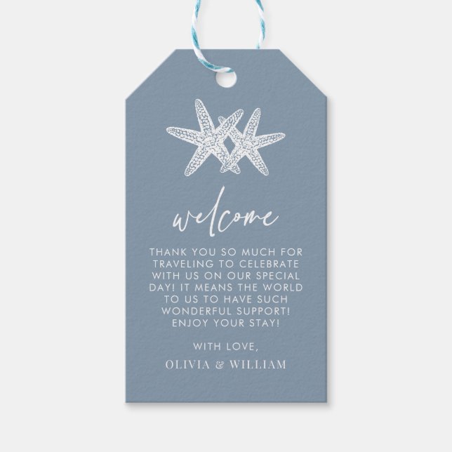 Dusty Blue Starfish Beach Elegante Hochzeit Willko Geschenkanhänger (Vorderseite)