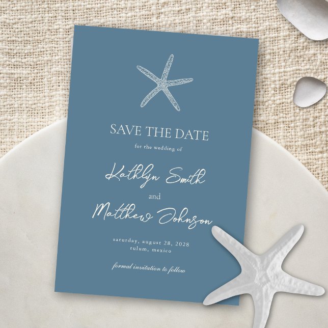 Dusty Blue Starfish Beach Hochzeit in Urlaubsort Save The Date (Von Creator hochgeladen)