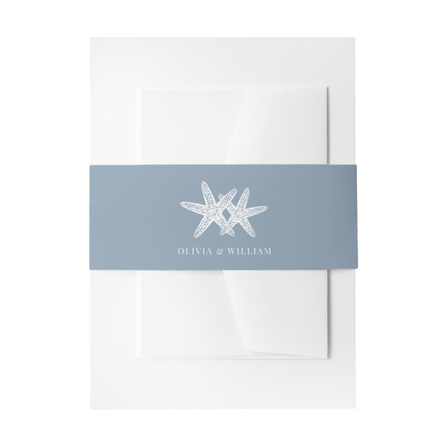 Dusty Blue Starfish Beach Minimal Wedding Einladungsbanderole (Vorderseite Beispiel)