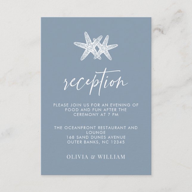Dusty Blue Starfish Beach Wedding Empfang Begleitkarte (Vorderseite)