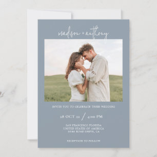 Dusty Blue Stilschrift mit Foto Wedding Einladung