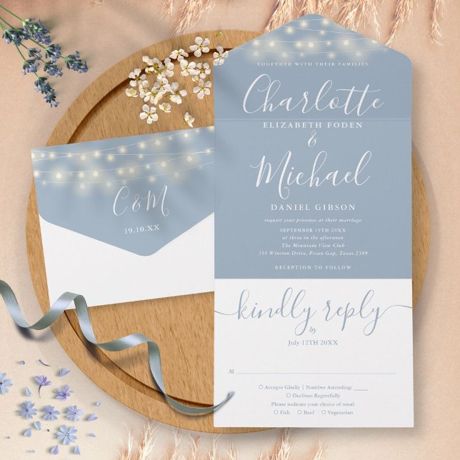 Dusty Blue String Lights Elegante Script Wedding All In One Einladung (Von Creator hochgeladen)