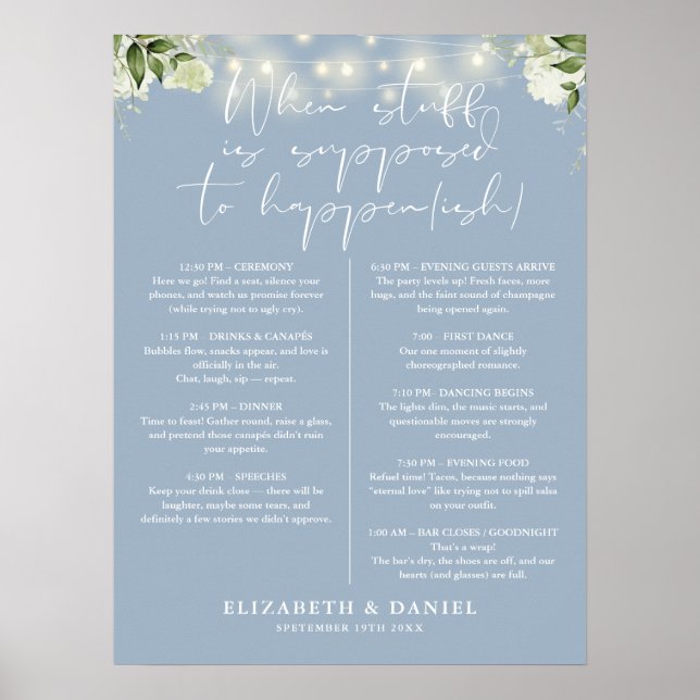 Dusty Blue String Lights Floral Wedding Itinerary Poster (Vorne)
