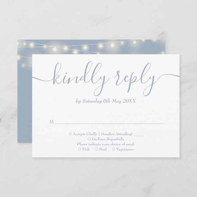 Dusty Blue String Lights Floral Wedding RSVP Karte (Vorne/Hinten)