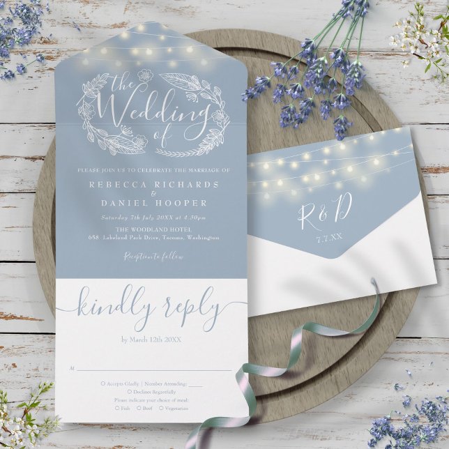 Dusty Blue String Lights Foliage Floral Wedding All In One Einladung (Dusty Blue String Lights Foliage Floral Wedding All In One Invitation)