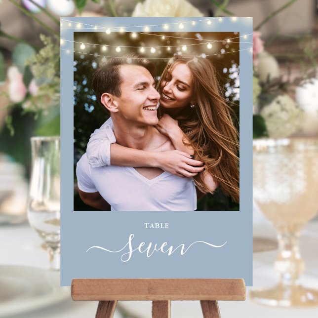 Dusty Blue String Lights Foto Tischnummer (Dusty Blue String Lights Photo Table Number)