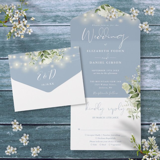 Dusty Blue String Lights Greenerity Monogram Weddi All In One Einladung (Dusty Blue String Lights Greenery Monogram Wedding All In One Invitation)