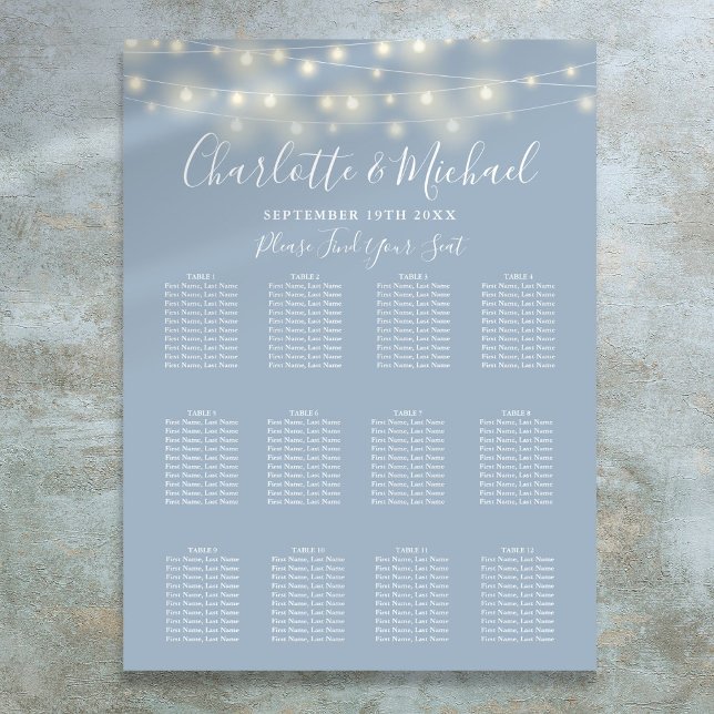 Dusty Blue String Lights Hochzeitsdiagramm Poster (Dusty Blue String Lights Wedding Seating Chart)