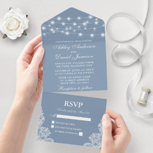 Dusty Blue String Lights Lace Wedding All In One Einladung