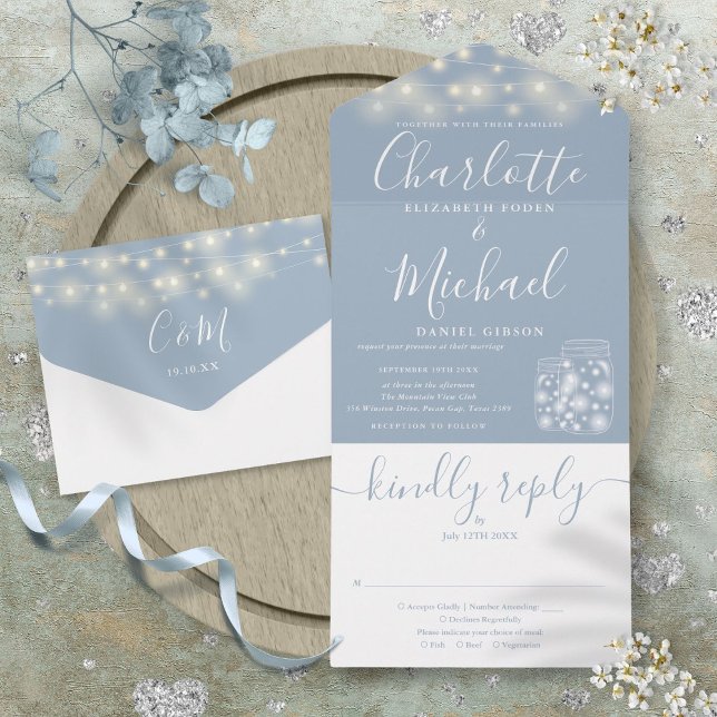 Dusty Blue String Lights Mason Jars Wedding All In One Einladung (Dusty Blue String Lights Mason Jars Wedding All In One Invitation)