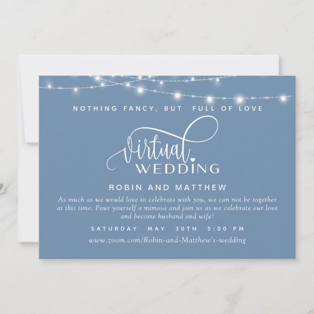 Dusty Blue, String Lights, Online Virtual Wedding Einladung (Vorderseite)