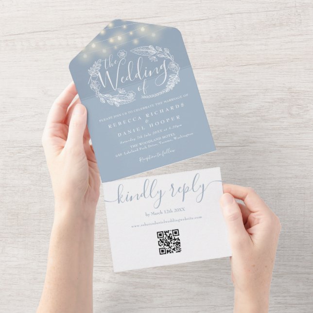 Dusty Blue String Lights QR Code Wedding All In One Einladung (Abreißen)